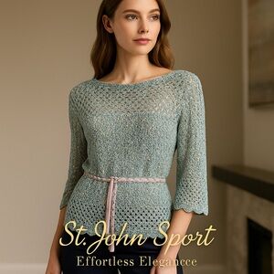 St. John Sport Metallic Knit Tunic Sweater Crochet Aqua Blue Quiet Luxury Size S